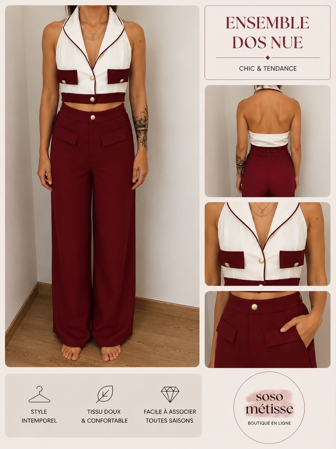 Ensemble pantalon lie-de-vin dos nu – Taille S