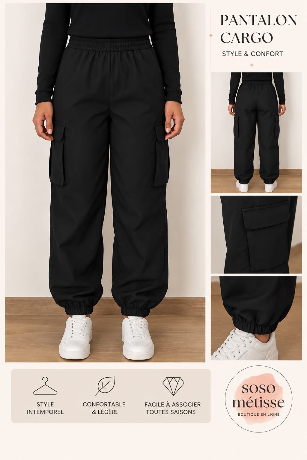 Pantalon Noir à Poches – Style Décontracté