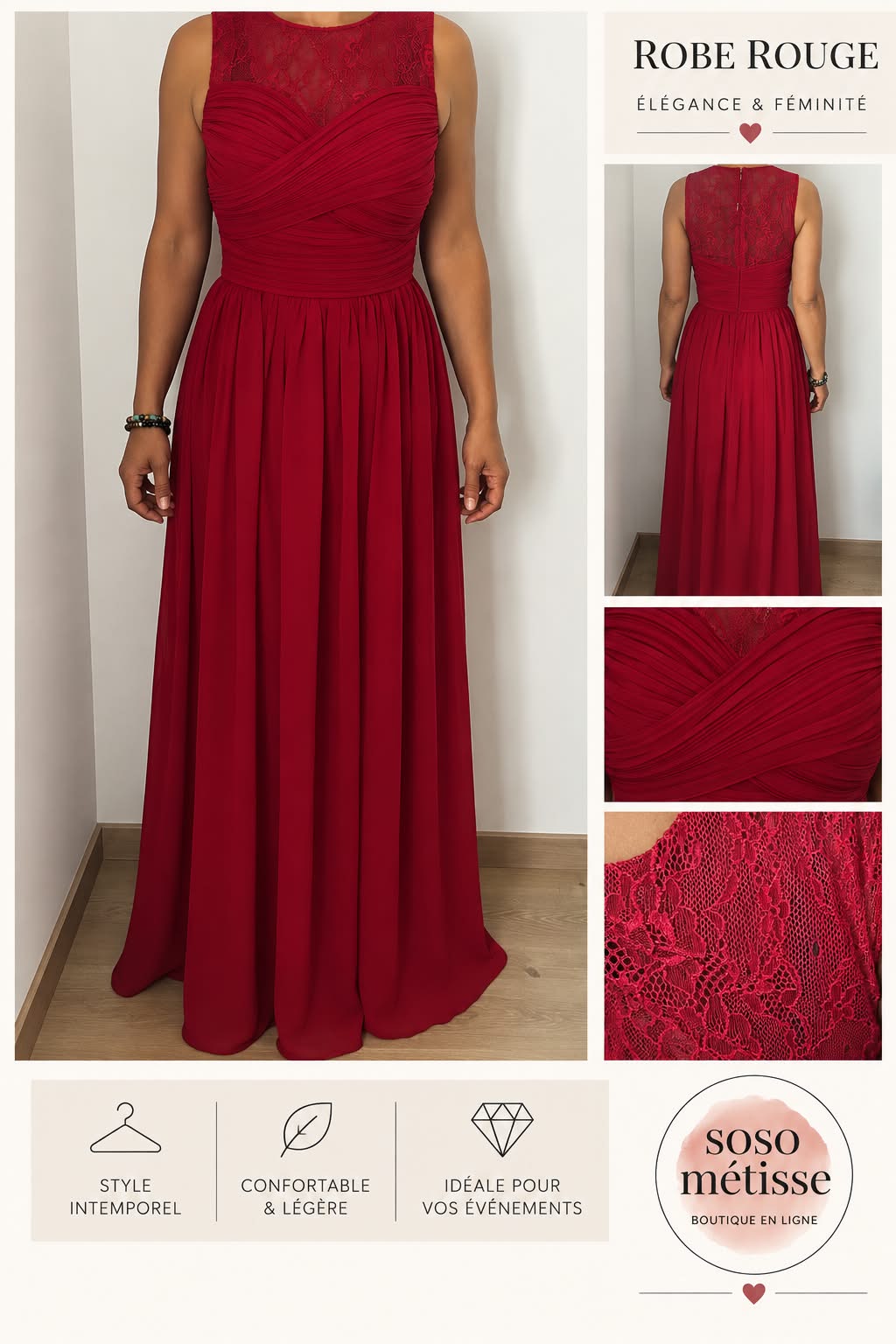 Robe de cocktail rouge en dentelle travaillée – Taille S
