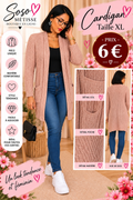 Cardigan long rose poudré taille XL avec poches, vue portée et détails de la maille et du dos.