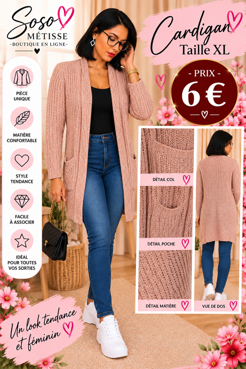 Cardigan long rose poudré taille XL avec poches, vue portée et détails de la maille et du dos.