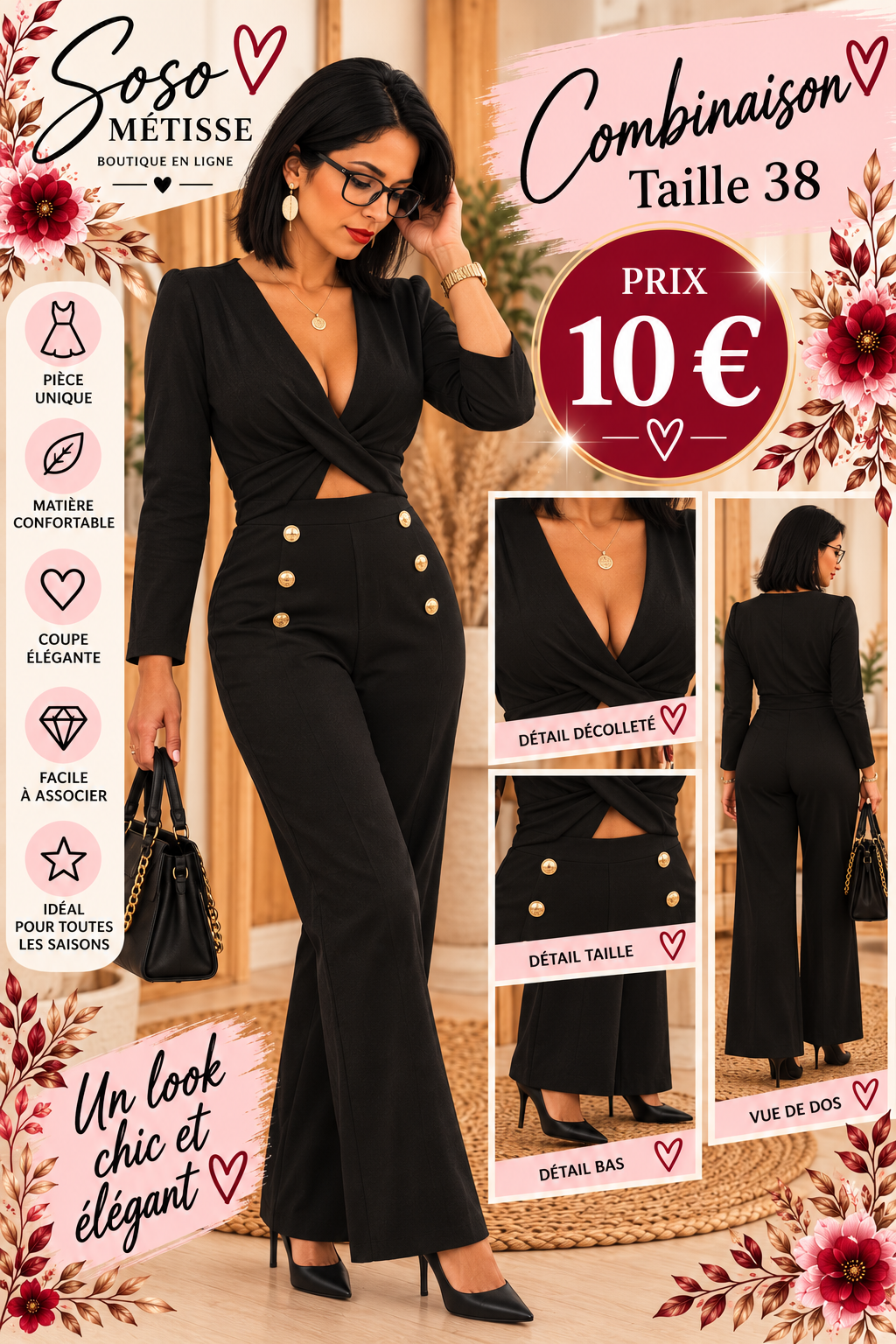Combinaison noire à décolleté croisé et six boutons dorés, taille 38