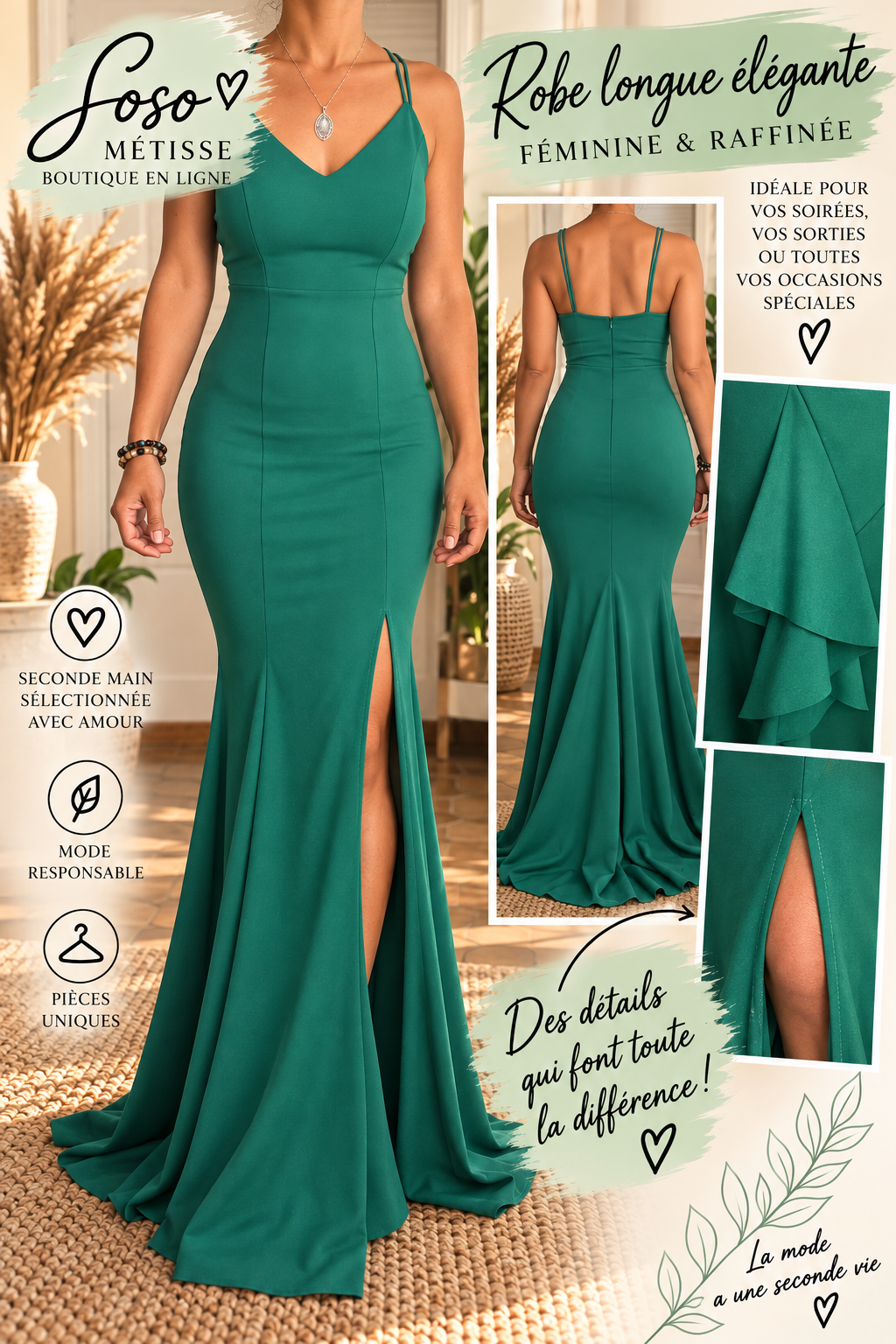 Robe longue de cocktail vert émeraude – Taille S