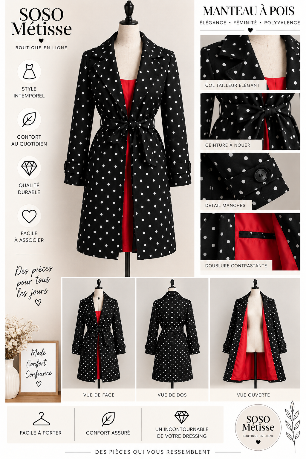 Manteau Terres de Marins – doublure rouge taille 42