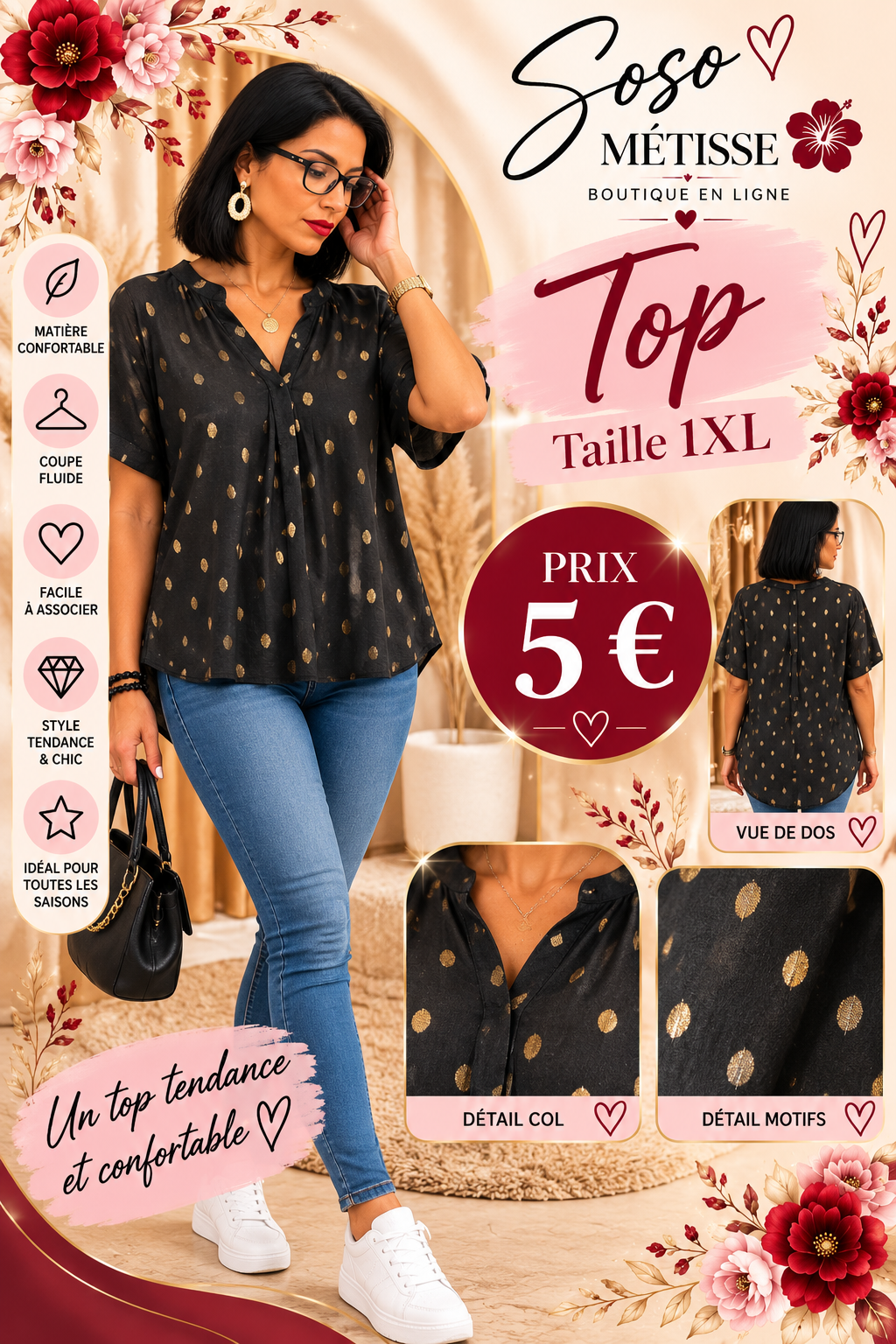 Top noir à petits motifs dorés et manches courtes, taille 1XL