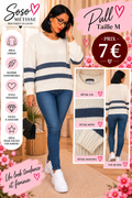 Pull écru à rayures bleu marine taille M, vue portée et détails du col, de la maille, des manches et du dos.