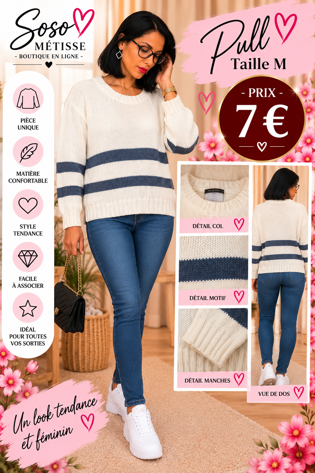 Pull écru à rayures bleu marine taille M, vue portée et détails du col, de la maille, des manches et du dos.