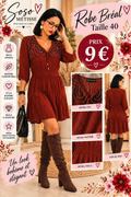 Robe Bréal bordeaux à encolure ornée, manches trois-quarts et taille smockée, taille 40