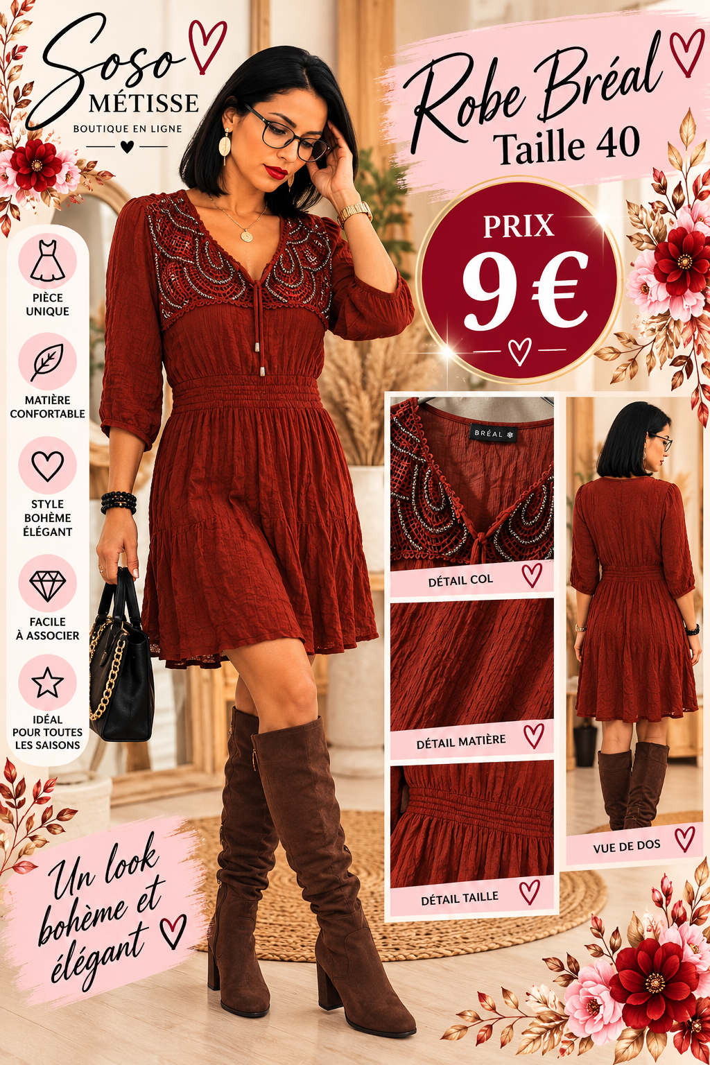 Robe Bréal bordeaux à encolure ornée, manches trois-quarts et taille smockée, taille 40