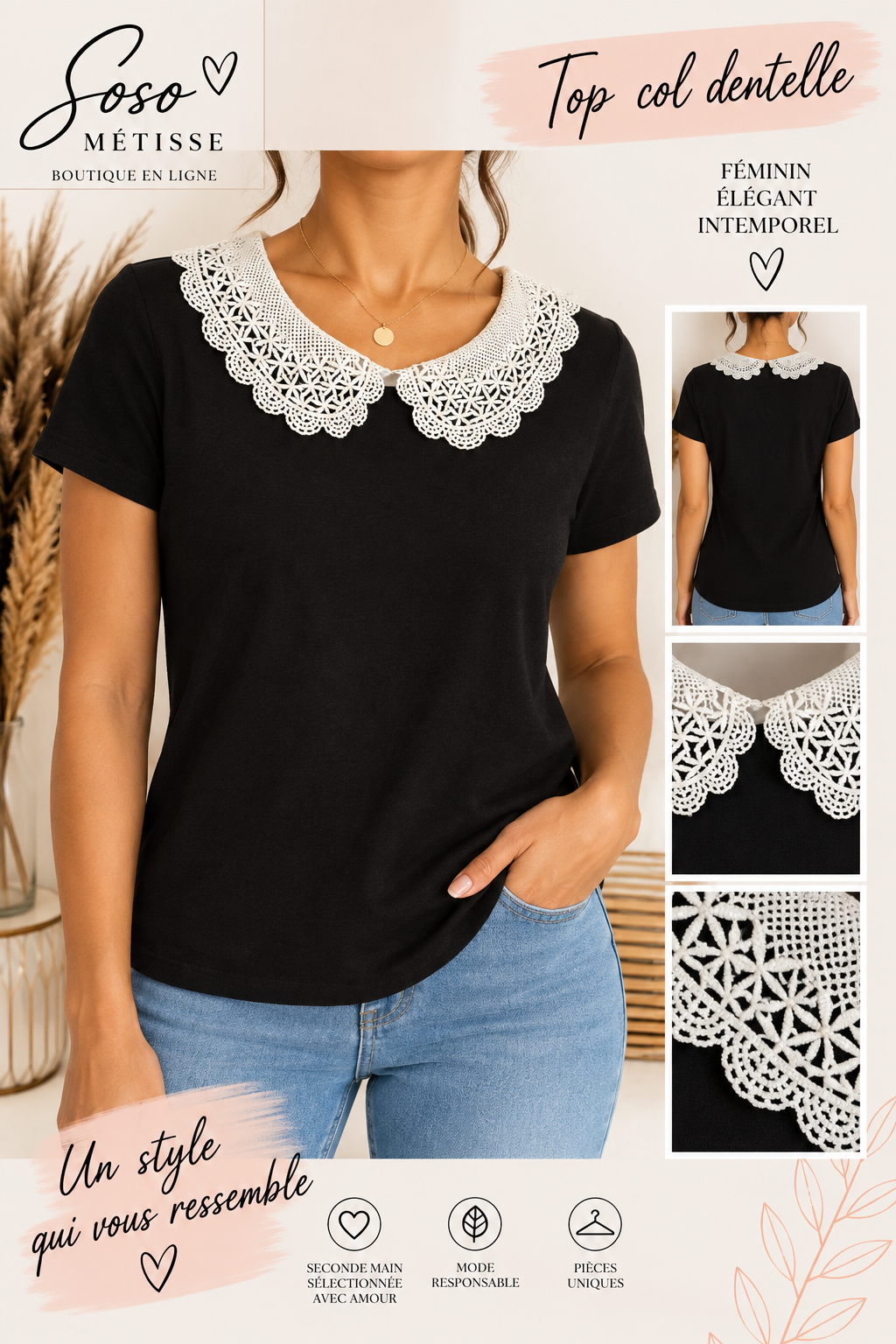 Top à col en dentelle taille S