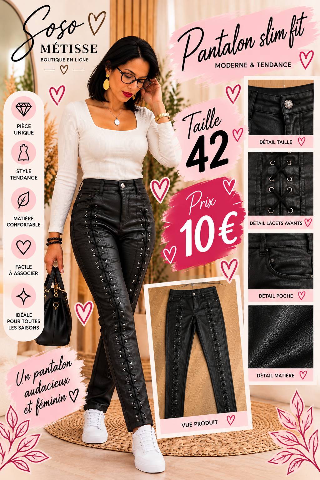 Pantalon slim fit a lacets taille 42