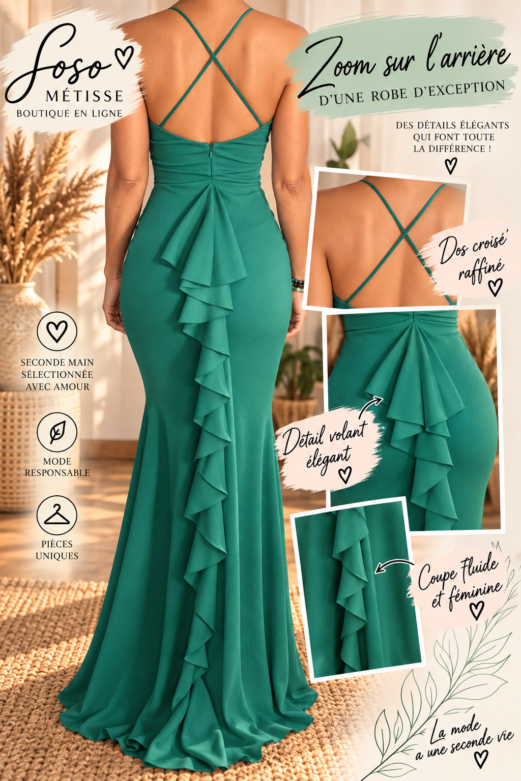 Robe longue de cocktail vert émeraude – Taille S