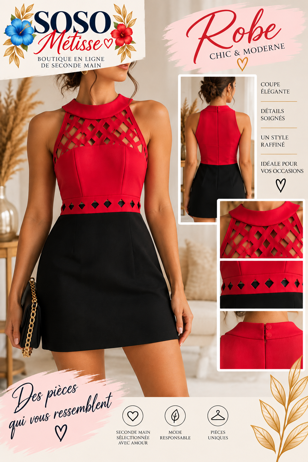 Robe de cocktail rouge et noire taille XS