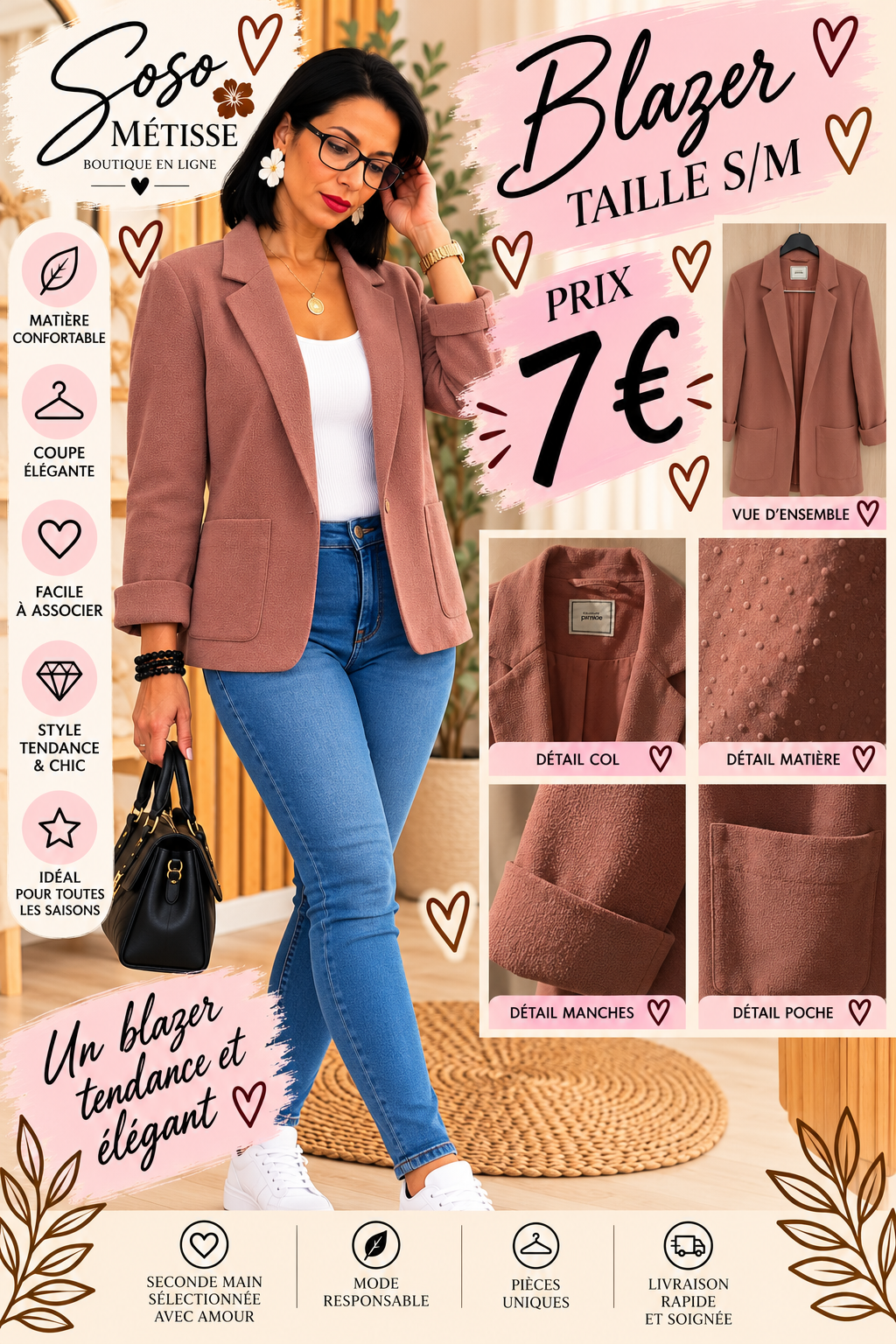 Blazer vieux rose à col à revers et poches plaquées, taille S/M