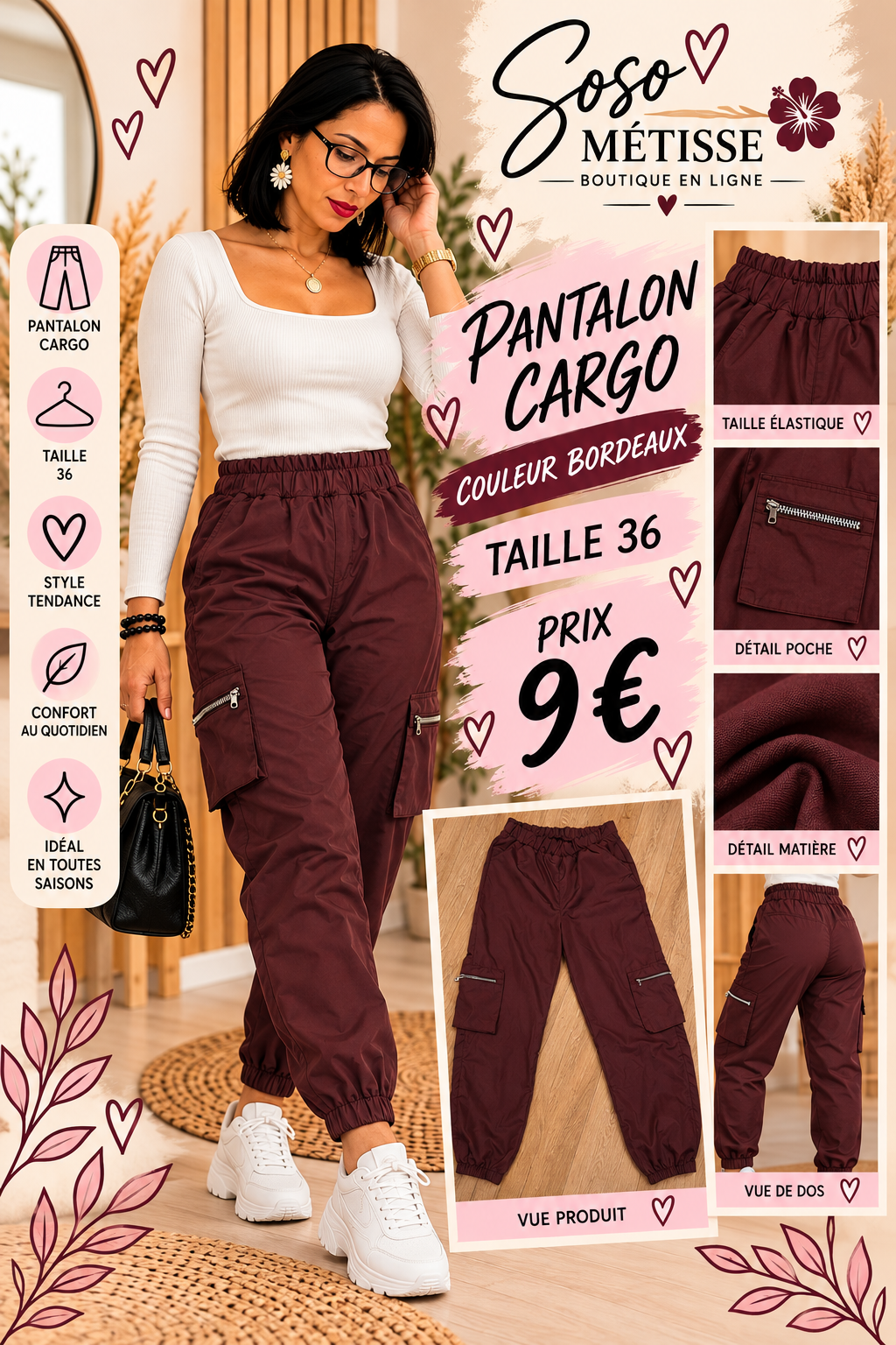 Pantalon cargo bordeaux taille 36, vues porté et à plat