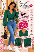 Top vert à décolleté en V, manches longues bouffantes et taille smockée, taille S