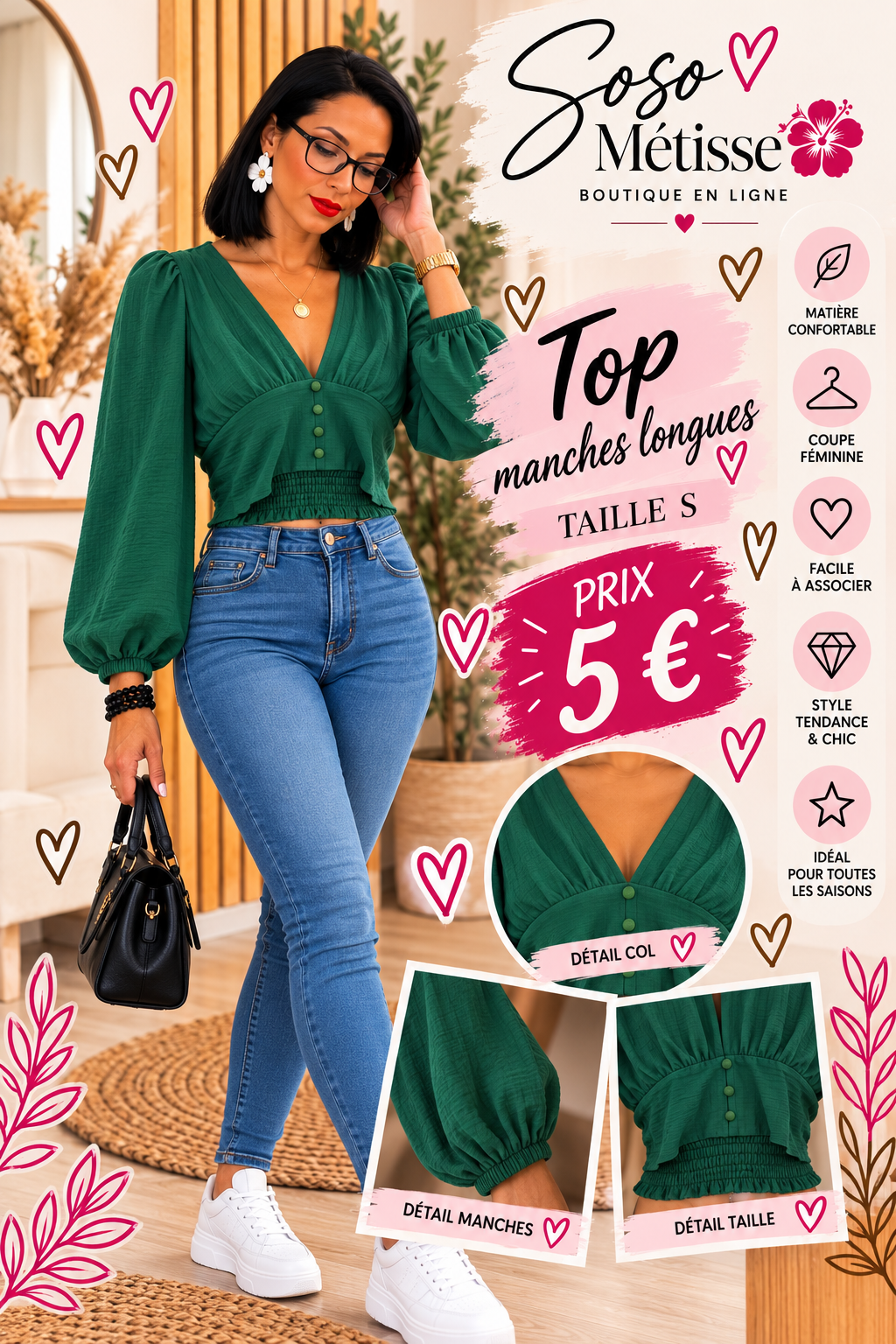 Top vert à décolleté en V, manches longues bouffantes et taille smockée, taille S
