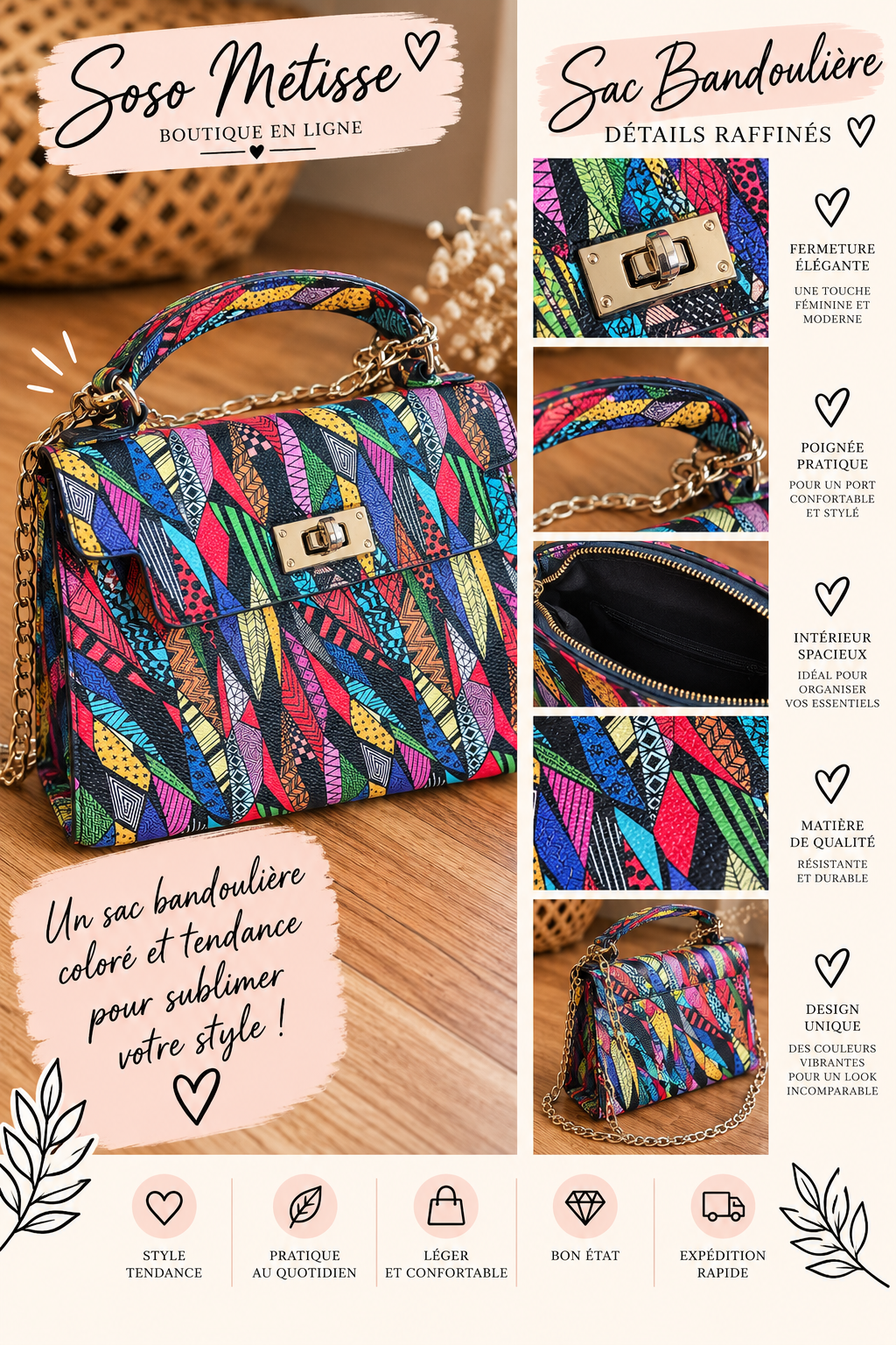 Sac multicolore à motifs géométriques avec poignée assortie et chaîne dorée