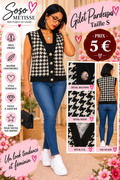 Gilet sans manches pied-de-poule noir et blanc taille S, avec détails des boutons, du motif, du col et vue de dos.