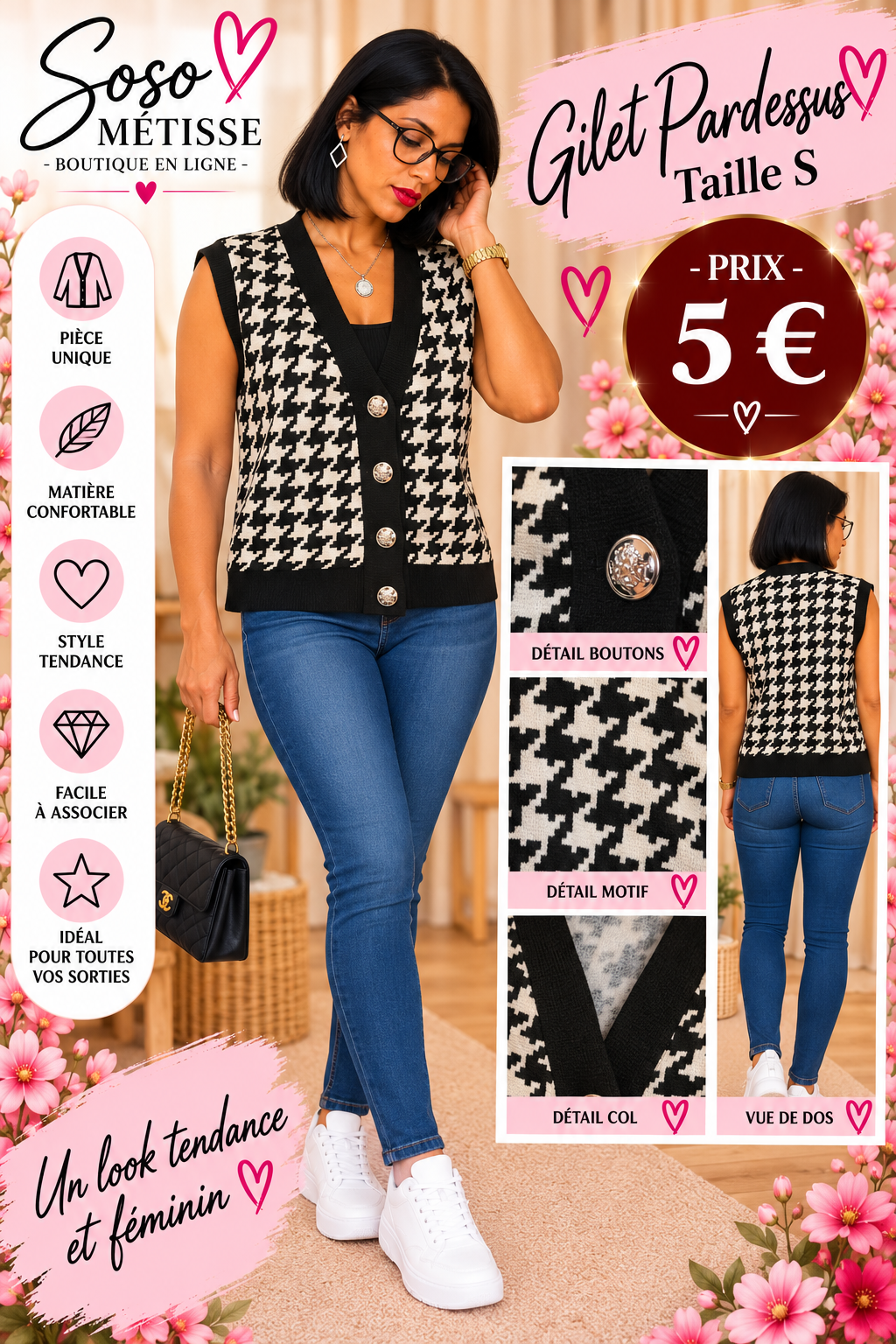 Gilet sans manches pied-de-poule noir et blanc taille S, avec détails des boutons, du motif, du col et vue de dos.