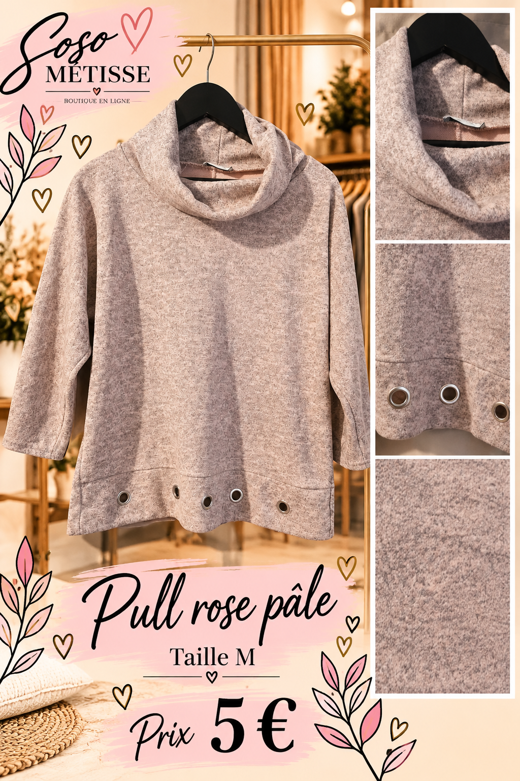 Pull rose pâle taille M, col souple et œillets métalliques au bas