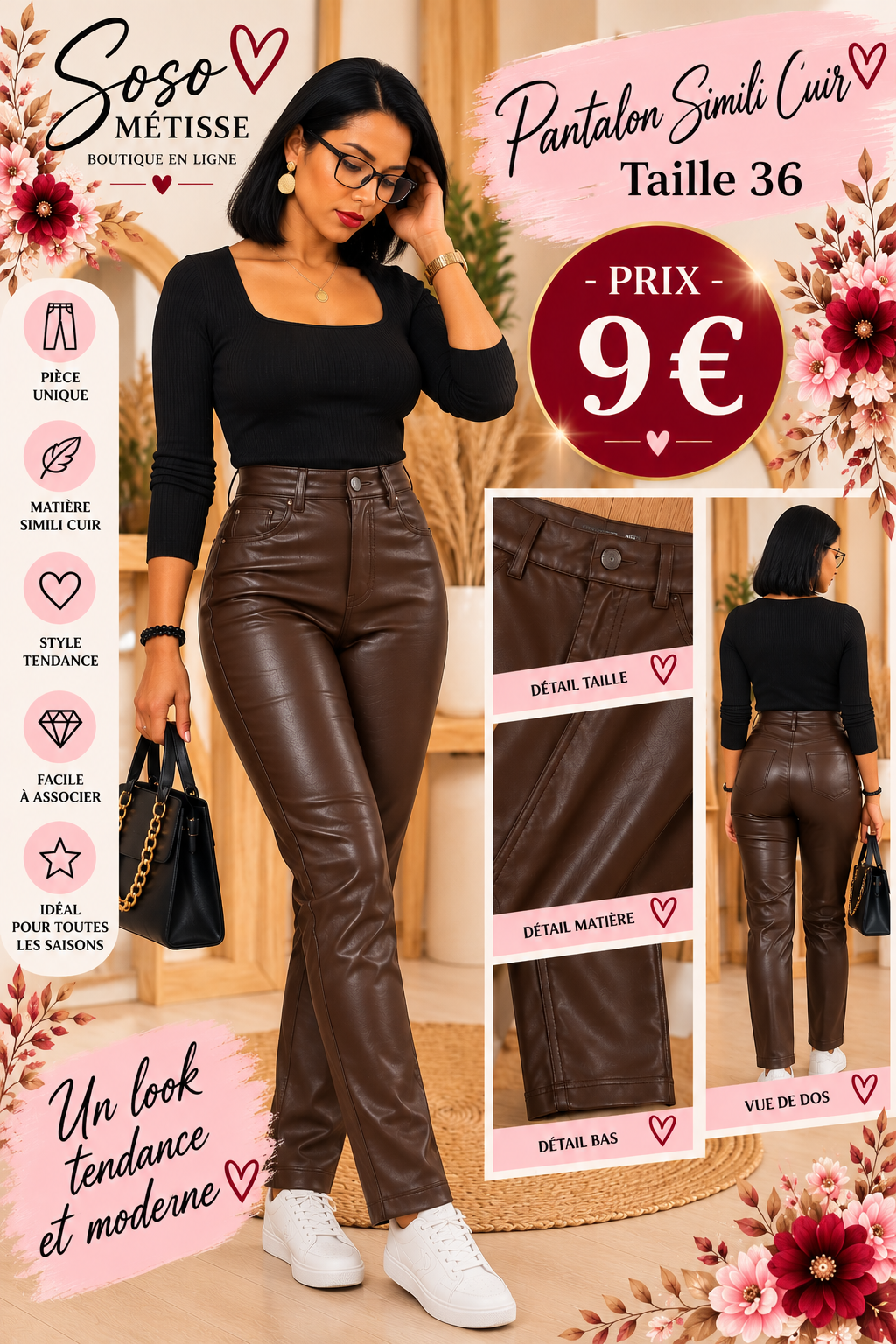 Pantalon marron chocolat en simili cuir, taille 36