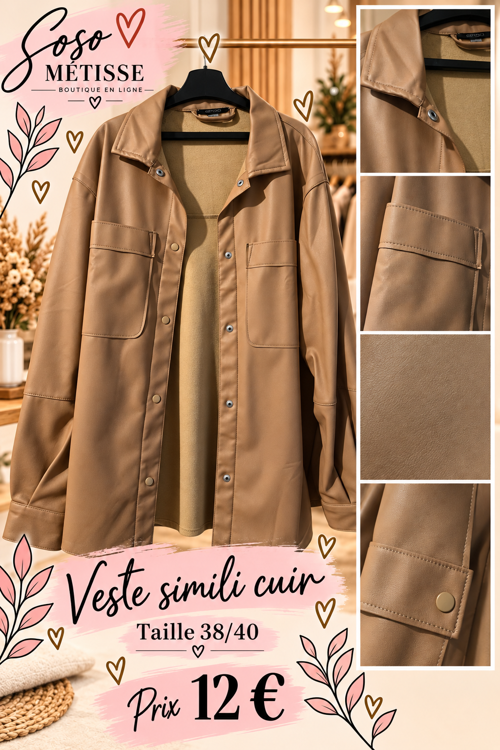 Veste camel en simili cuir taille 38/40, col chemise et poches poitrine