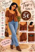 Top marron à nouer sur le devant et manches courtes bouffantes, taille L