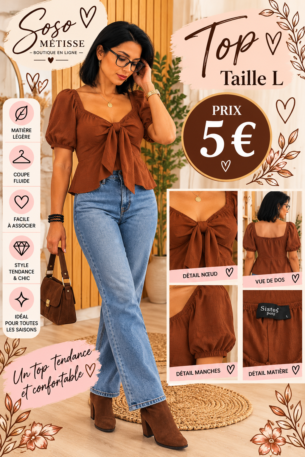 Top marron à nouer sur le devant et manches courtes bouffantes, taille L