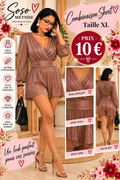 Combinaison short rose cuivré à fines rayures brillantes, décolleté croisé et manches amples, taille XL