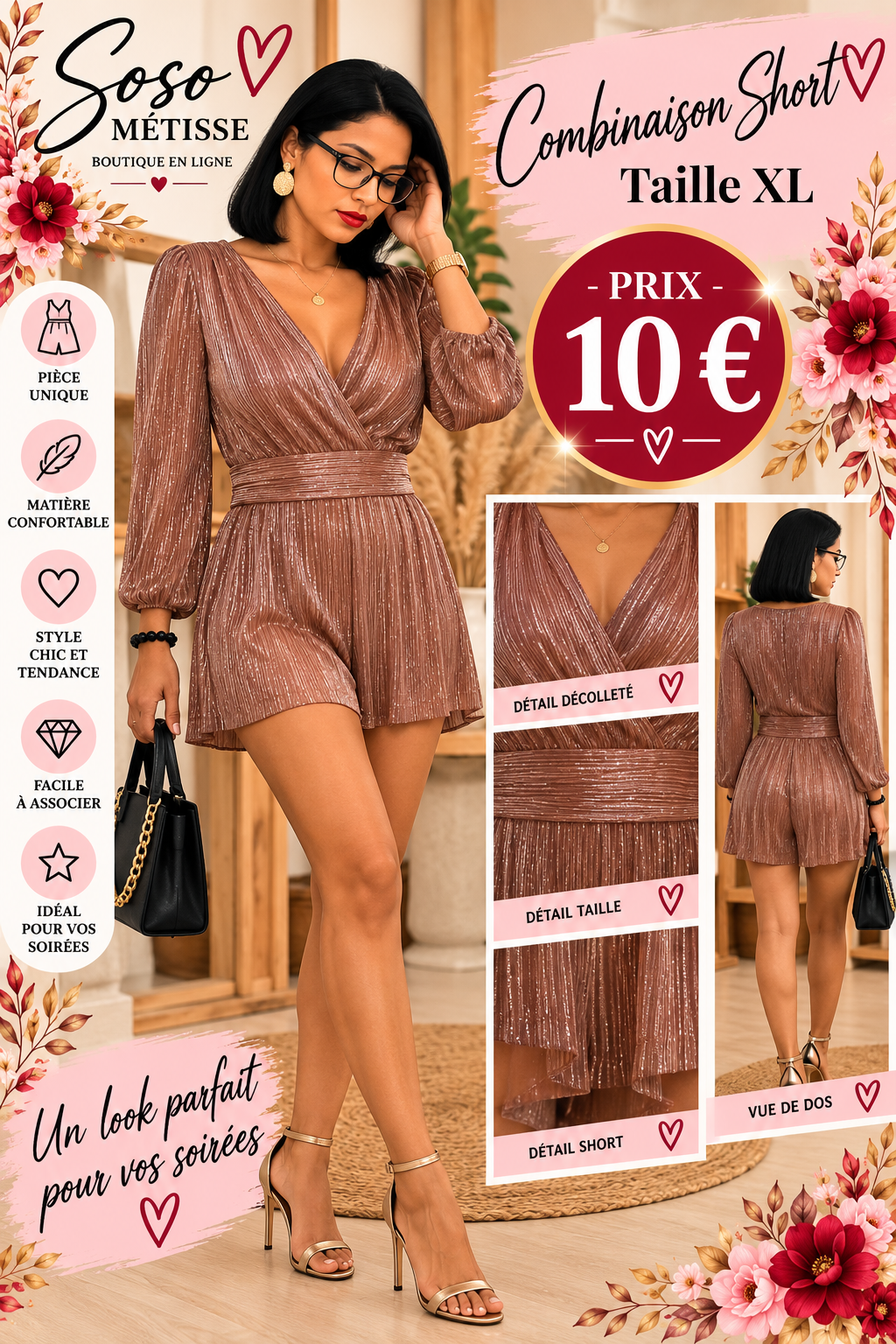 Combinaison short rose cuivré à fines rayures brillantes, décolleté croisé et manches amples, taille XL